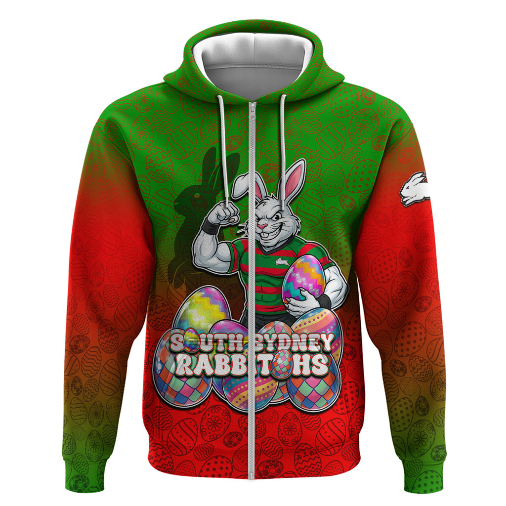 Personalized South Sydney Rabbitohs Zip Hoodie Easter Mascot - Colorful Eggs Cartoon Style