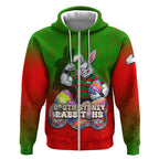 Personalized South Sydney Rabbitohs Zip Hoodie Easter Mascot - Colorful Eggs Cartoon Style