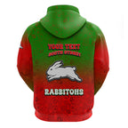 Personalized South Sydney Rabbitohs Zip Hoodie Easter Mascot - Colorful Eggs Cartoon Style