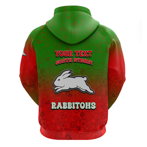 Personalized South Sydney Rabbitohs Zip Hoodie Easter Mascot - Colorful Eggs Cartoon Style