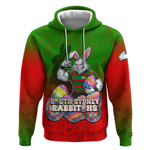 Personalized South Sydney Rabbitohs Zip Hoodie Easter Mascot - Colorful Eggs Cartoon Style