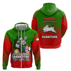 Personalized South Sydney Rabbitohs Zip Hoodie Easter Mascot - Colorful Eggs Cartoon Style