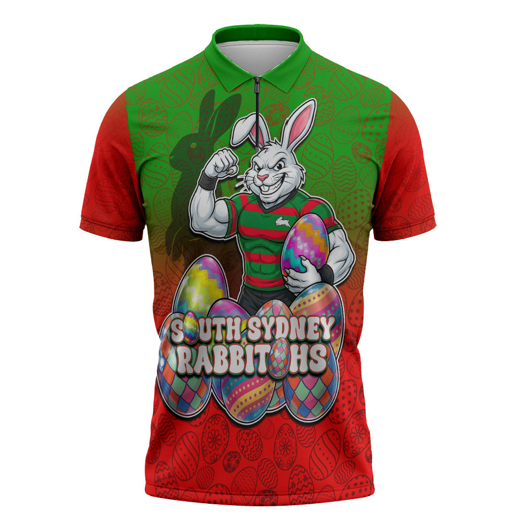 Personalized South Sydney Rabbitohs Zipper Polo Shirt Easter Mascot - Colorful Eggs Cartoon Style