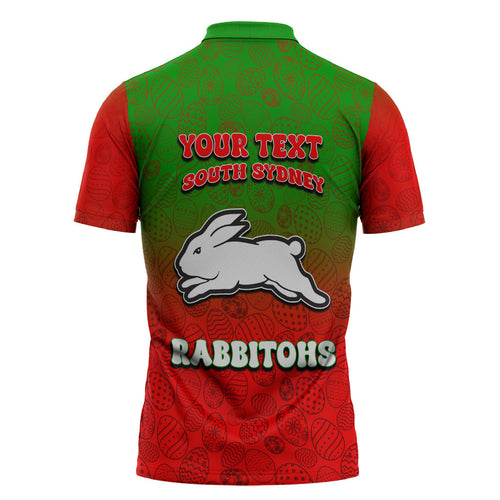 Personalized South Sydney Rabbitohs Zipper Polo Shirt Easter Mascot - Colorful Eggs Cartoon Style