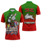 Personalized South Sydney Rabbitohs Zipper Polo Shirt Easter Mascot - Colorful Eggs Cartoon Style