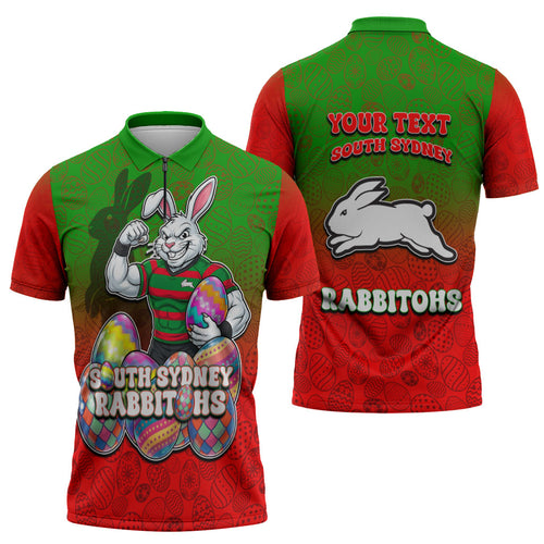 Personalized South Sydney Rabbitohs Zipper Polo Shirt Easter Mascot - Colorful Eggs Cartoon Style