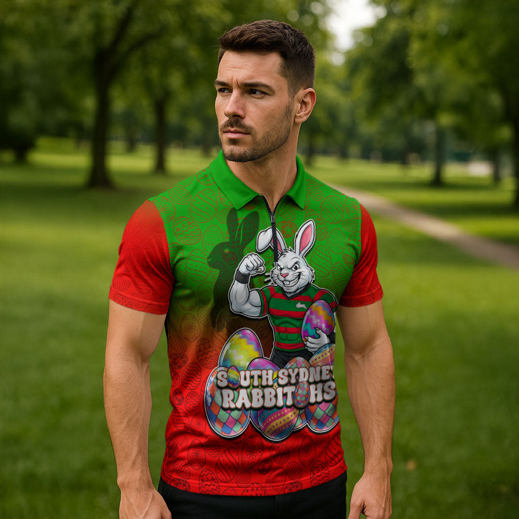 Personalized South Sydney Rabbitohs Zipper Polo Shirt Easter Mascot - Colorful Eggs Cartoon Style