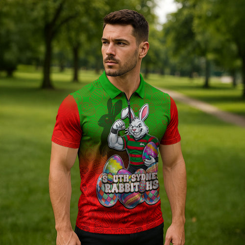 Personalized South Sydney Rabbitohs Zipper Polo Shirt Easter Mascot - Colorful Eggs Cartoon Style
