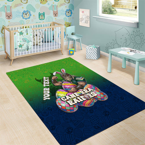 Personalized Canberra Raiders Area Rug Easter Mascot - Colorful Eggs Cartoon Style