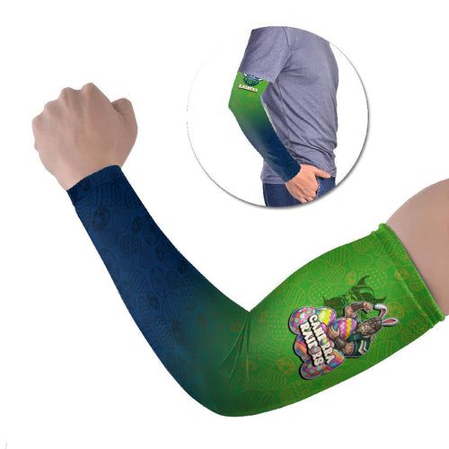 Personalized Canberra Raiders Arm Sleeves Easter Mascot - Colorful Eggs Cartoon Style