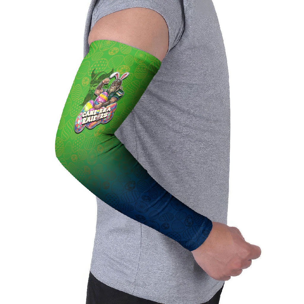 Personalized Canberra Raiders Arm Sleeves Easter Mascot - Colorful Eggs Cartoon Style