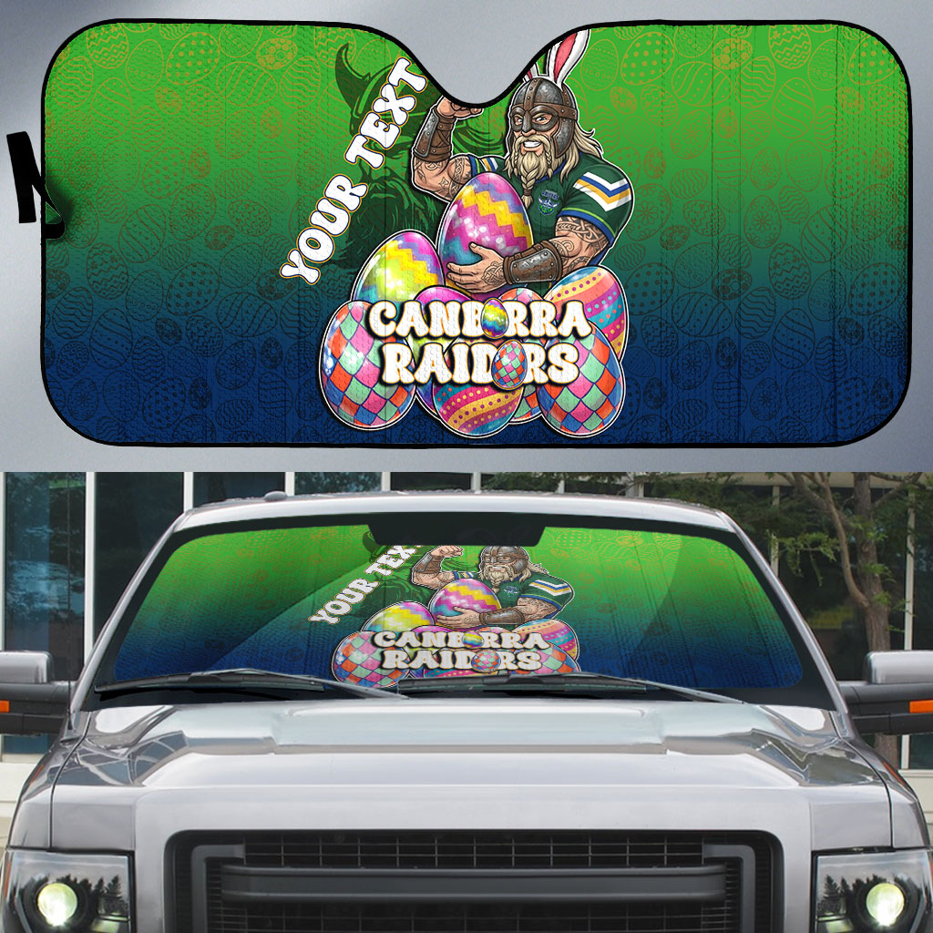 Personalized Canberra Raiders Auto Sun Shade Easter Mascot - Colorful Eggs Cartoon Style