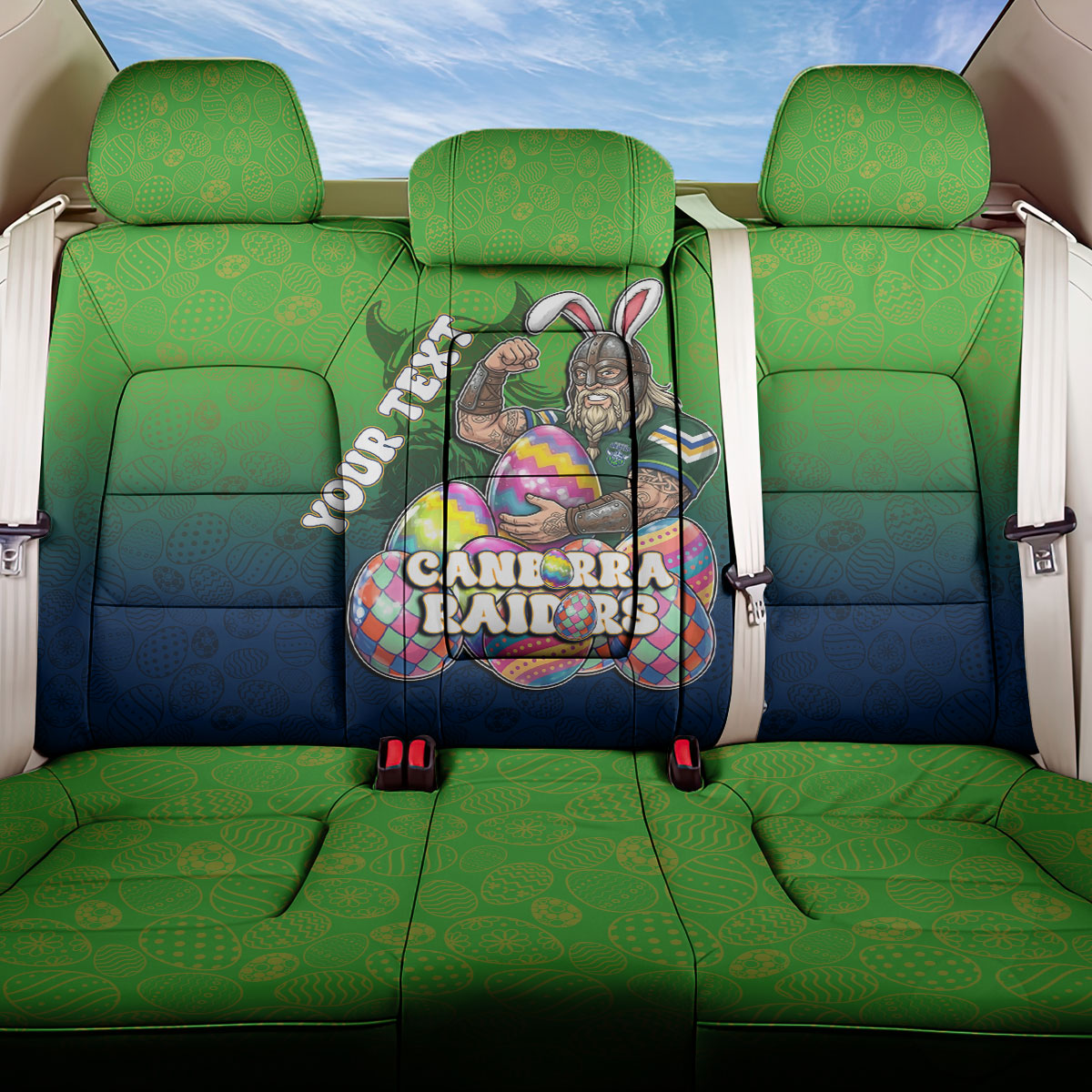 Personalized Canberra Raiders Back Car Seat Cover Easter Mascot - Colorful Eggs Cartoon Style