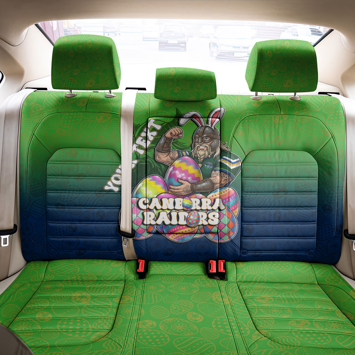 Personalized Canberra Raiders Back Car Seat Cover Easter Mascot - Colorful Eggs Cartoon Style