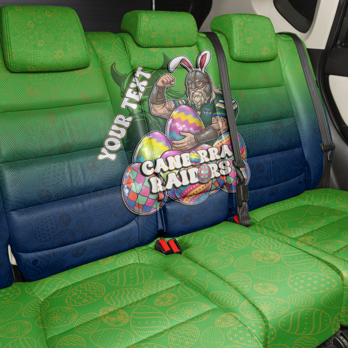 Personalized Canberra Raiders Back Car Seat Cover Easter Mascot - Colorful Eggs Cartoon Style