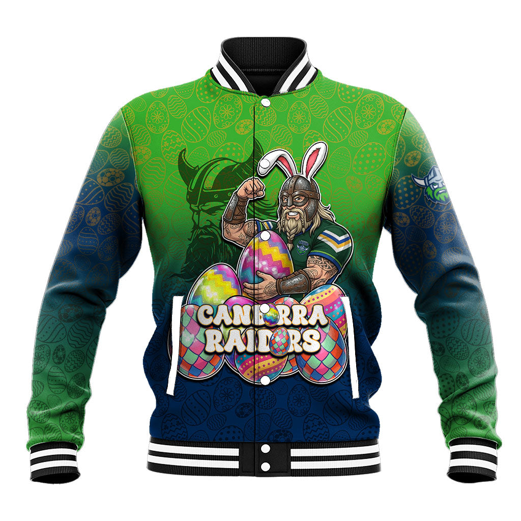 Personalized Canberra Raiders Baseball Jacket Easter Mascot - Colorful Eggs Cartoon Style