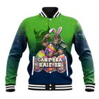 Personalized Canberra Raiders Baseball Jacket Easter Mascot - Colorful Eggs Cartoon Style