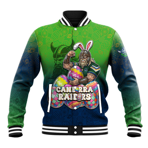Personalized Canberra Raiders Baseball Jacket Easter Mascot - Colorful Eggs Cartoon Style