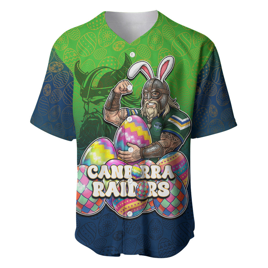 Personalized Canberra Raiders Baseball Jersey Easter Mascot - Colorful Eggs Cartoon Style
