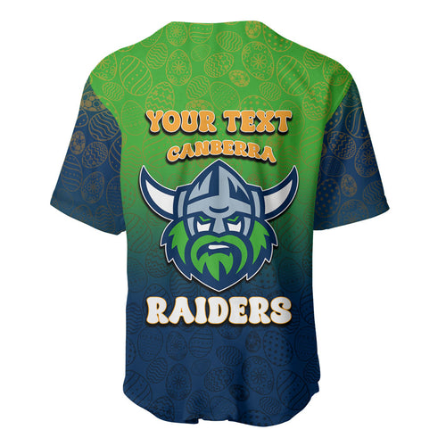 Personalized Canberra Raiders Baseball Jersey Easter Mascot - Colorful Eggs Cartoon Style