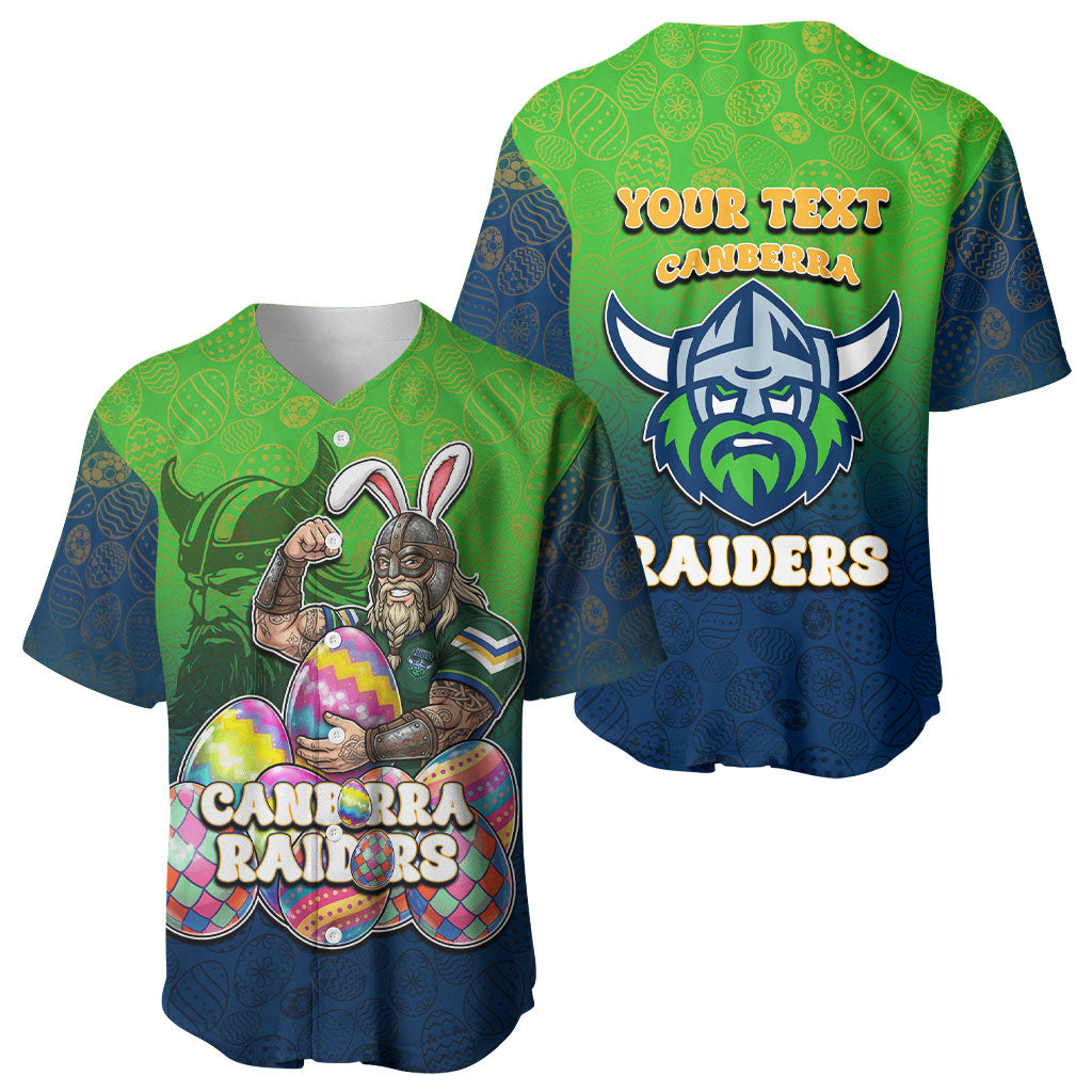 Personalized Canberra Raiders Baseball Jersey Easter Mascot - Colorful Eggs Cartoon Style