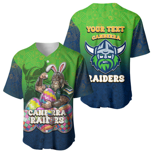 Personalized Canberra Raiders Baseball Jersey Easter Mascot - Colorful Eggs Cartoon Style