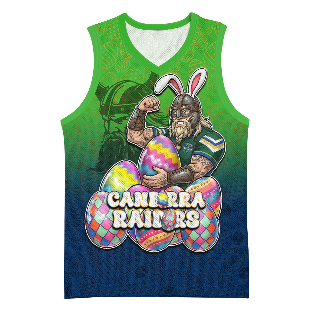 Personalized Canberra Raiders Basketball Jersey Easter Mascot - Colorful Eggs Cartoon Style