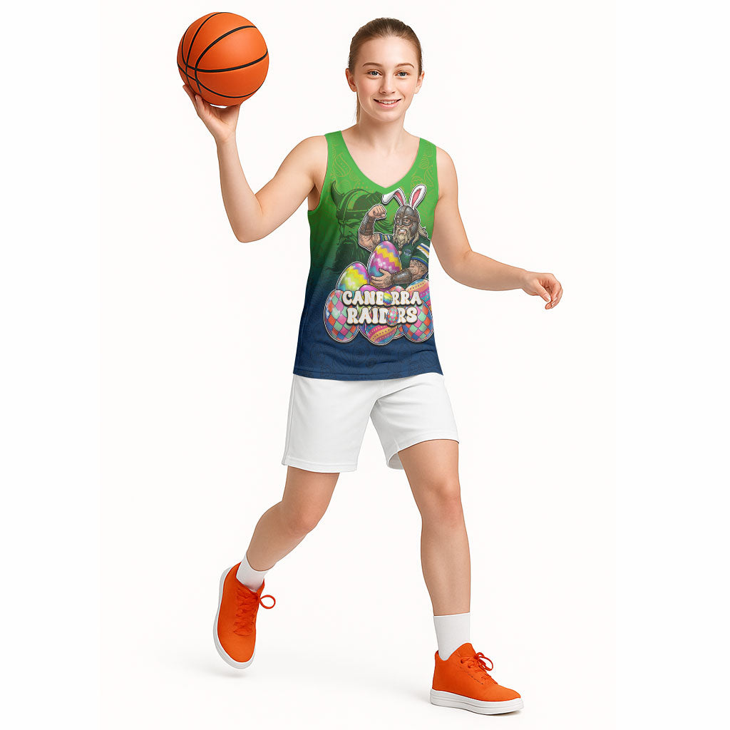 Personalized Canberra Raiders Basketball Jersey Easter Mascot - Colorful Eggs Cartoon Style