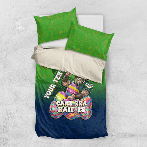 Personalized Canberra Raiders Bedding Set Easter Mascot - Colorful Eggs Cartoon Style