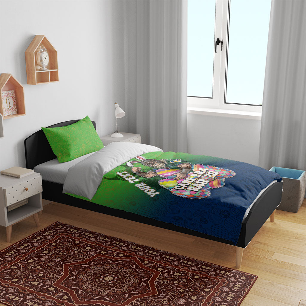 Personalized Canberra Raiders Bedding Set Easter Mascot - Colorful Eggs Cartoon Style
