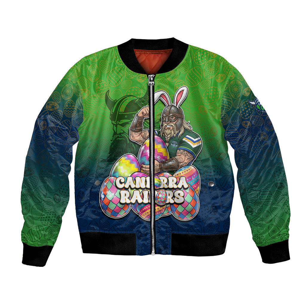 Personalized Canberra Raiders Bomber Jacket Easter Mascot - Colorful Eggs Cartoon Style