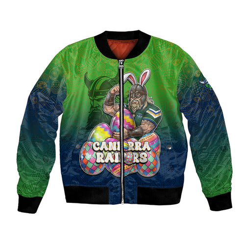 Personalized Canberra Raiders Bomber Jacket Easter Mascot - Colorful Eggs Cartoon Style