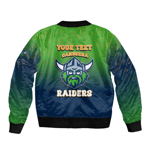 Personalized Canberra Raiders Bomber Jacket Easter Mascot - Colorful Eggs Cartoon Style