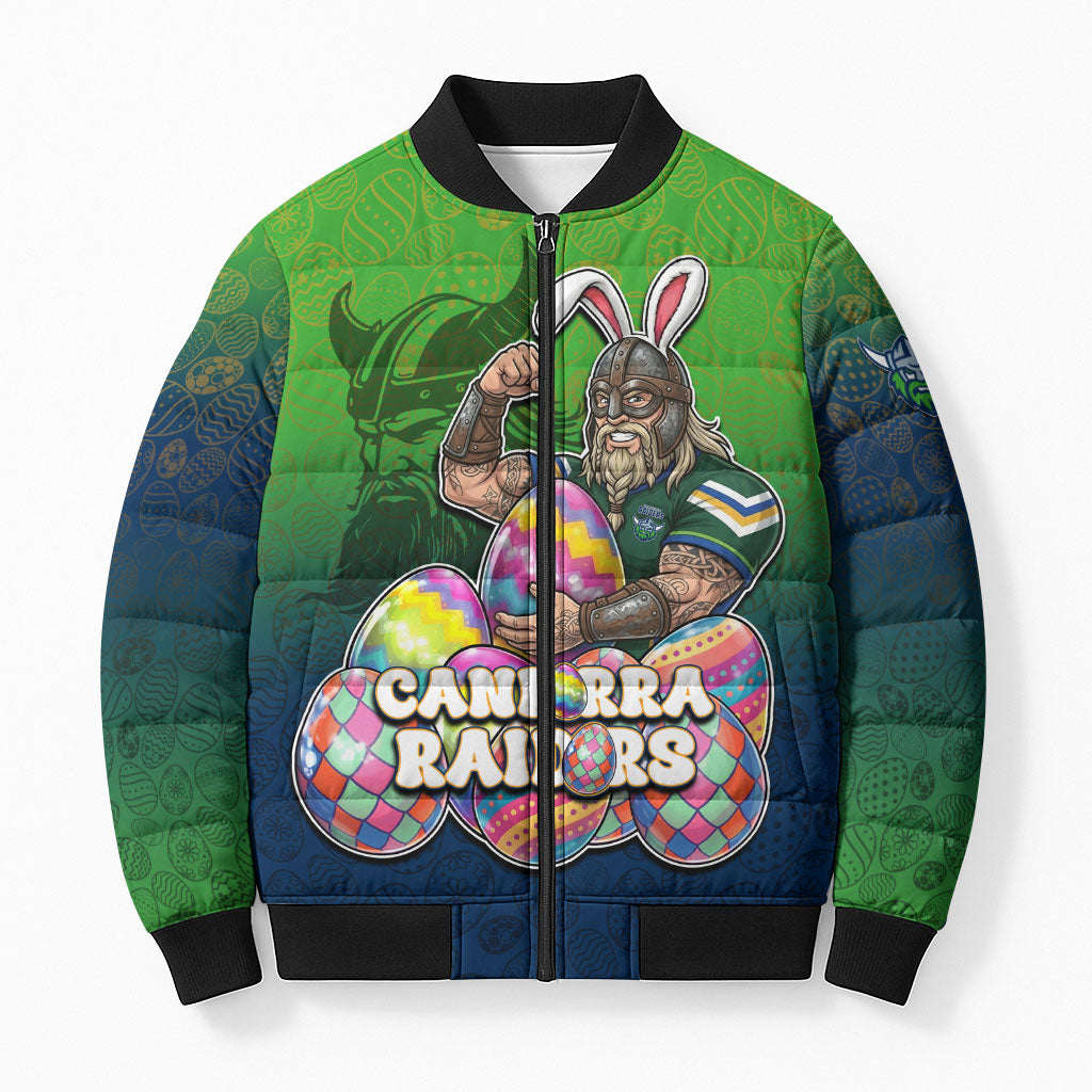 Personalized Canberra Raiders Bomber Puffer Jacket Easter Mascot - Colorful Eggs Cartoon Style