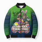 Personalized Canberra Raiders Bomber Puffer Jacket Easter Mascot - Colorful Eggs Cartoon Style