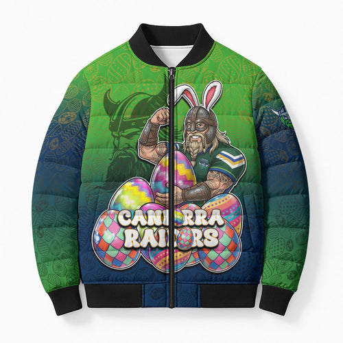 Personalized Canberra Raiders Bomber Puffer Jacket Easter Mascot - Colorful Eggs Cartoon Style