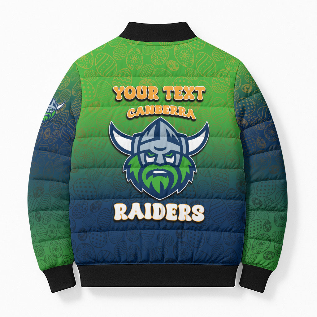 Personalized Canberra Raiders Bomber Puffer Jacket Easter Mascot - Colorful Eggs Cartoon Style