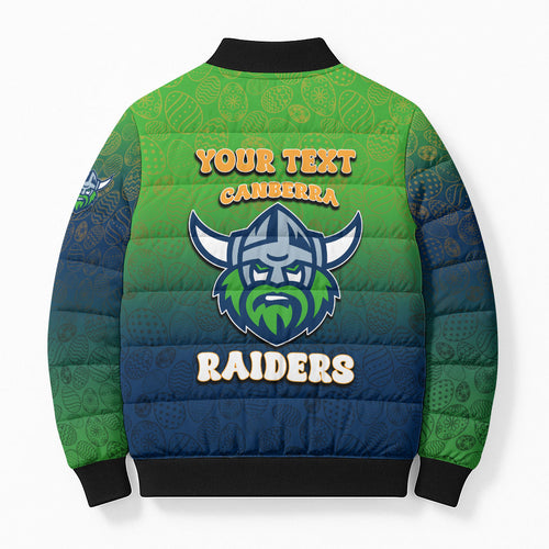 Personalized Canberra Raiders Bomber Puffer Jacket Easter Mascot - Colorful Eggs Cartoon Style