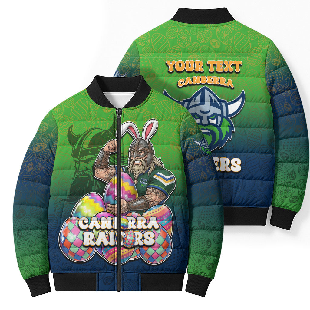 Personalized Canberra Raiders Bomber Puffer Jacket Easter Mascot - Colorful Eggs Cartoon Style