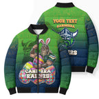 Personalized Canberra Raiders Bomber Puffer Jacket Easter Mascot - Colorful Eggs Cartoon Style
