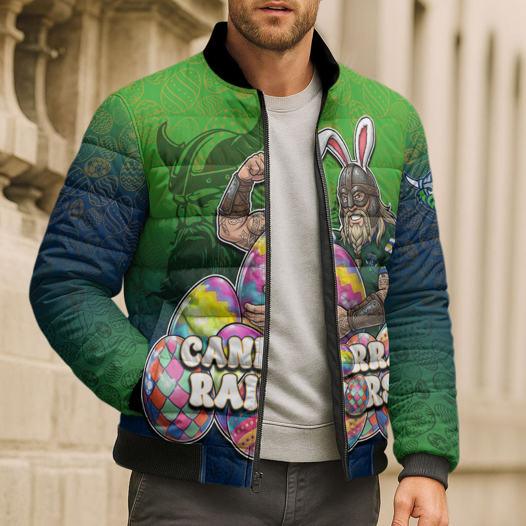 Personalized Canberra Raiders Bomber Puffer Jacket Easter Mascot - Colorful Eggs Cartoon Style