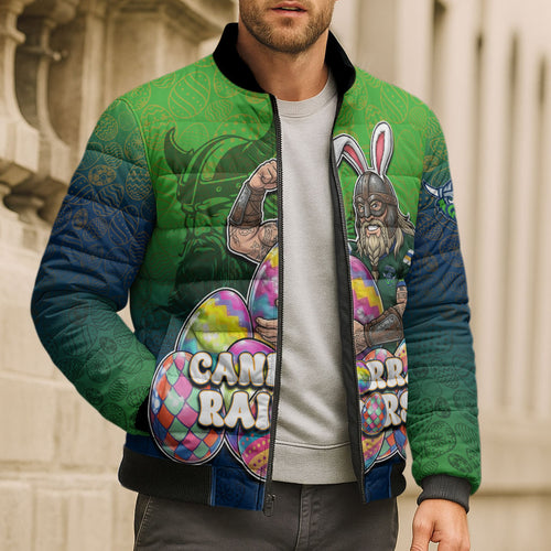 Personalized Canberra Raiders Bomber Puffer Jacket Easter Mascot - Colorful Eggs Cartoon Style