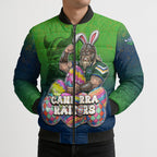 Personalized Canberra Raiders Bomber Puffer Jacket Easter Mascot - Colorful Eggs Cartoon Style