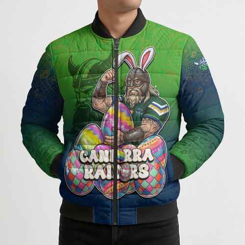Personalized Canberra Raiders Bomber Puffer Jacket Easter Mascot - Colorful Eggs Cartoon Style