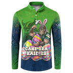 Personalized Canberra Raiders Button Sweatshirt Easter Mascot - Colorful Eggs Cartoon Style