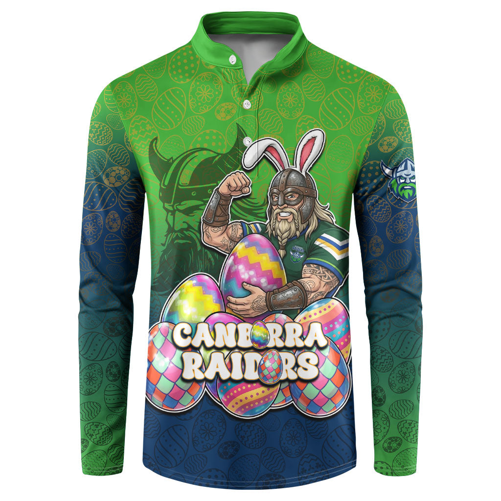 Personalized Canberra Raiders Button Sweatshirt Easter Mascot - Colorful Eggs Cartoon Style