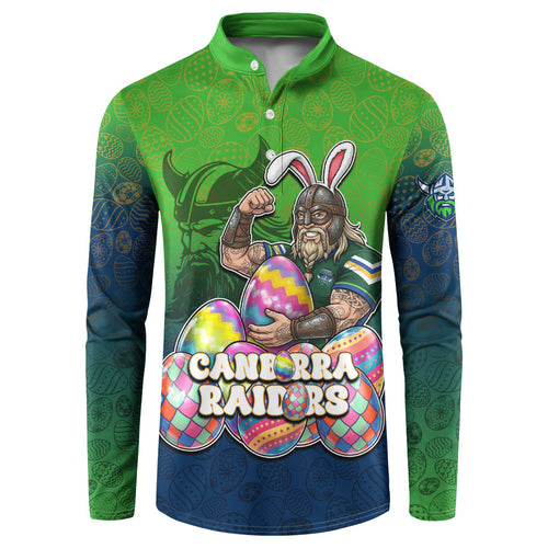 Personalized Canberra Raiders Button Sweatshirt Easter Mascot - Colorful Eggs Cartoon Style