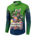 Personalized Canberra Raiders Button Sweatshirt Easter Mascot - Colorful Eggs Cartoon Style