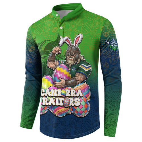 Personalized Canberra Raiders Button Sweatshirt Easter Mascot - Colorful Eggs Cartoon Style