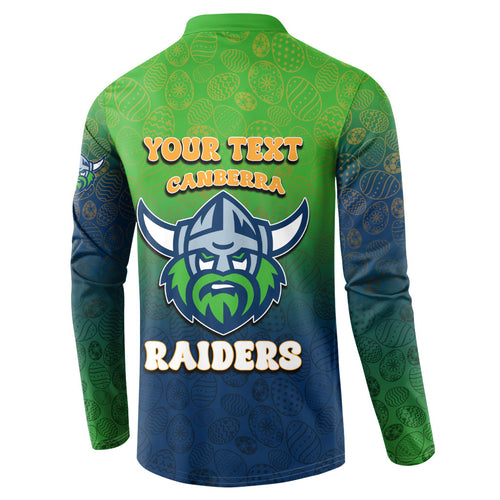 Personalized Canberra Raiders Button Sweatshirt Easter Mascot - Colorful Eggs Cartoon Style